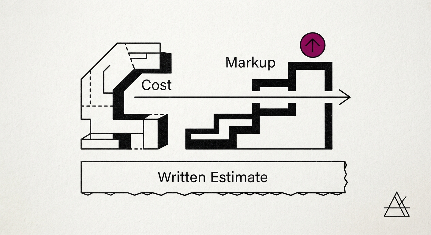 Abstract editorial illustration representing How to Price a Plumbing Job: Cost, Markup and a Written Estimate.