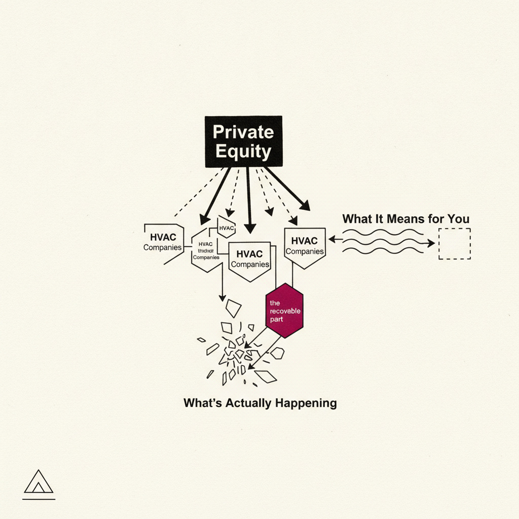 Abstract editorial illustration representing Private Equity Buying HVAC Companies: What's Actually Happening and What It Means for You.