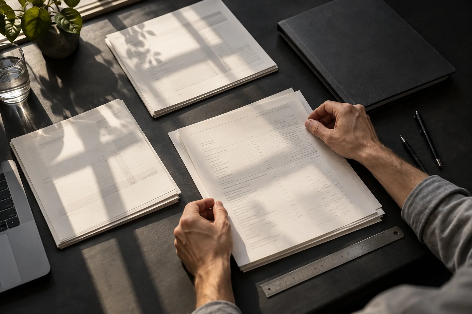 Conceptual overhead view of hands comparing paper records on an audit worktable.