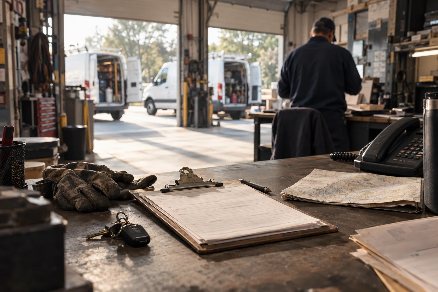 Conceptual service-business office, with job records and truck keys in the foreground and service vans beyond the worktable.